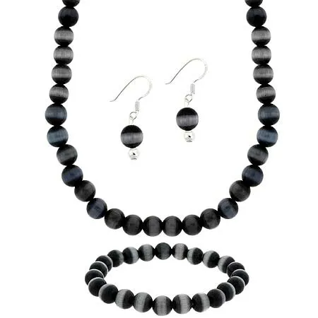Sterling Silber 8mm Schwarzes Glas Katzen Auge Stein Perlen Perlen Dangle Haken Ohrringe Stretch Armband Halskette 15 - 19