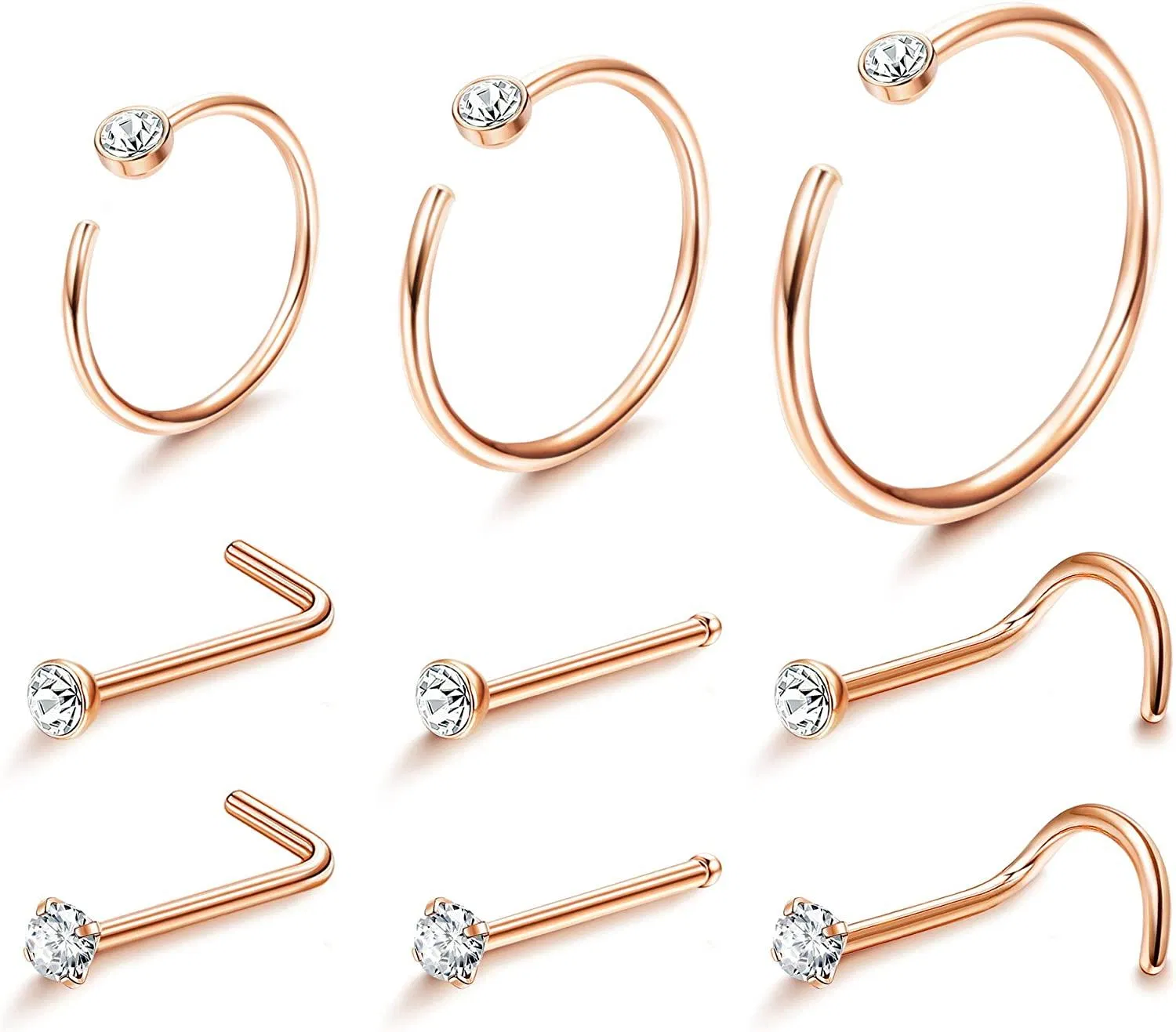 22G 9Pcs kleine Nasenringe Krümmel Kristalle aus Österreich Edelstahl L-förmige Korkschraube Nasenringe Helix Piercings Hoop Body Set Knorpel Ohrringe Hoop Tragus