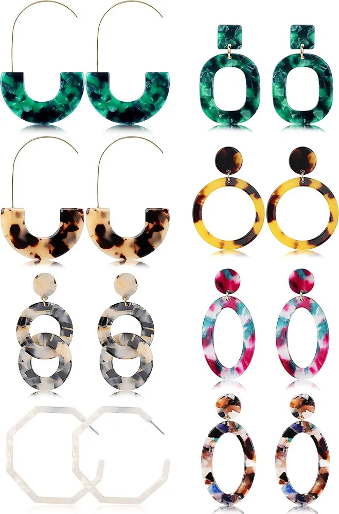 8 Paare Motted Hoop Ohrringe Acrylic Resin Drop Dangle Ohrringe für Frauen Bohemian Statement Stud Ohrringe Leichtgewicht