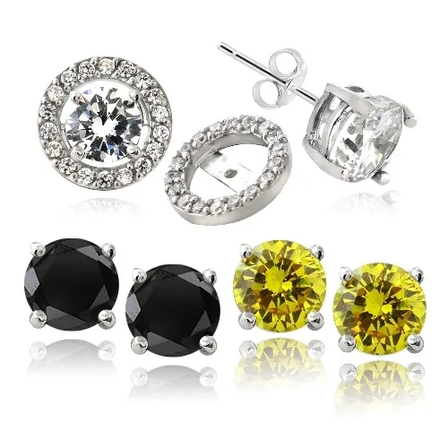 Sterling Silver Black, Clear & Yellow CZ Stud Set von 3 mit Halo CZ Ohrring Jacke