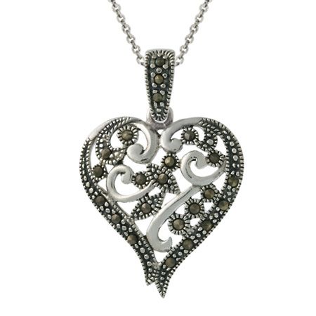 Sterling Silber Marcasite & Filigree Swirl Herz Anhänger