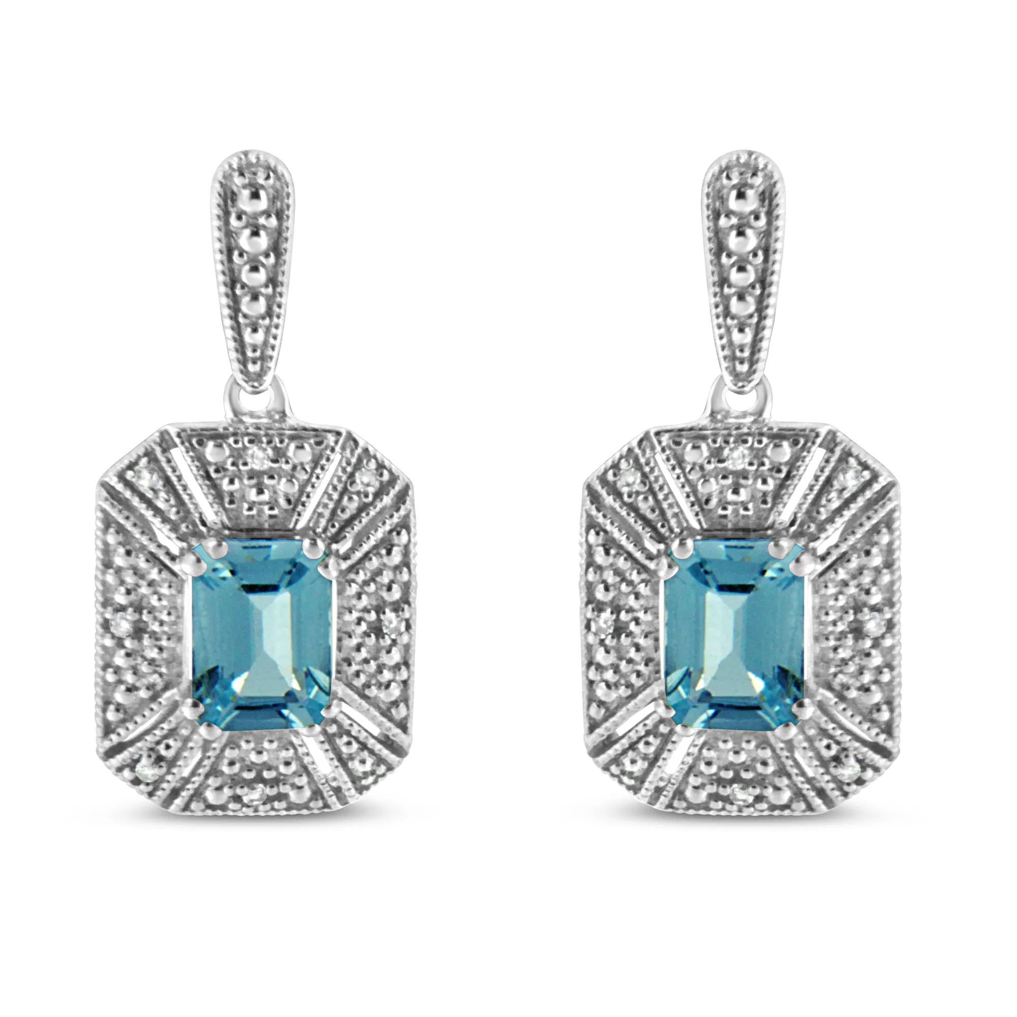 .925 Sterling Silber 7x5MM Smaragd-Form Blau Topaz und Diamant Akzent Art Deco Halo Stil Drop und Dangle Ohrringe (I-J Farbe, I1 - I2 Klarheit)