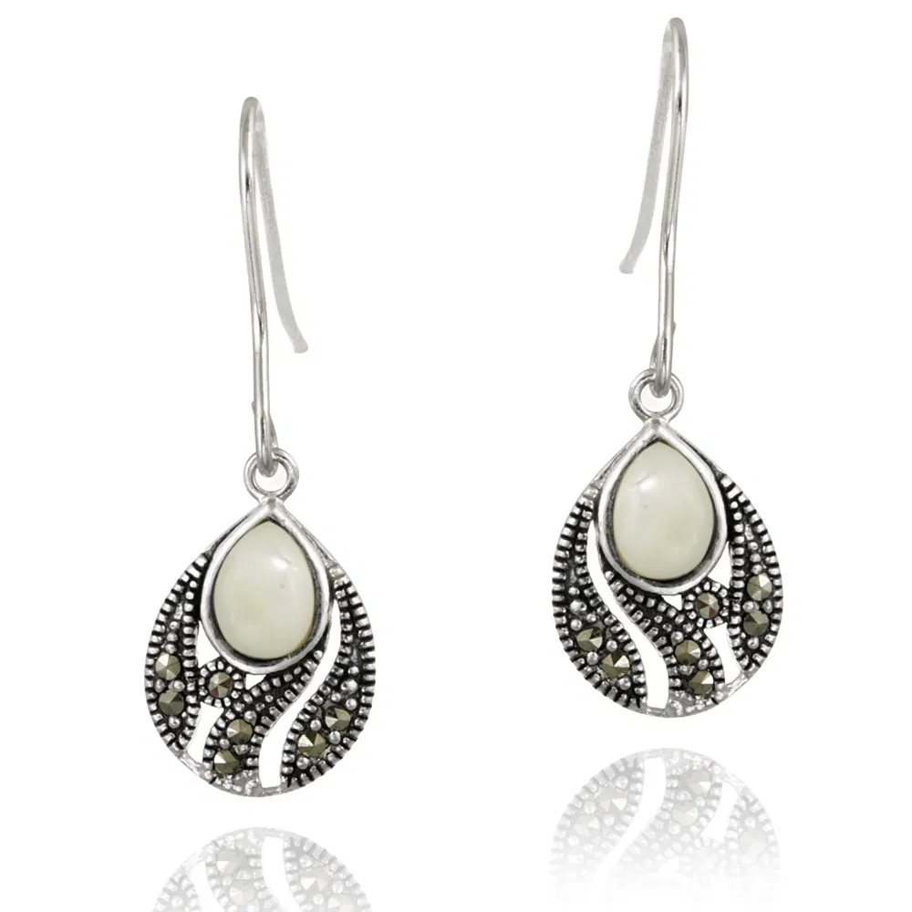 Sterling Silber Mutter der Perle & Marcasite Teardrop Dangle Ohrringe