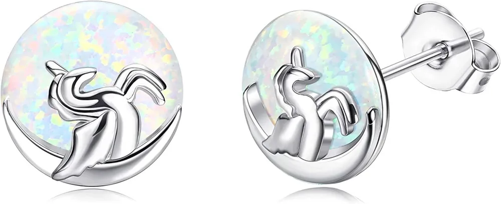 Faux Opal Stud Ohrringe; 925 Sterling Silver Moon Star Planet Ohrringe für Frauen süße hypoallergene Ohrringe für empfindliche Ohren