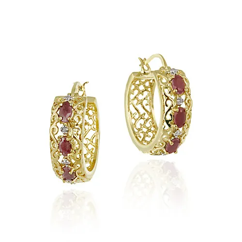 18 Karat Gold über Sterling Silber Ruby & Diamond Akzent Filigree Hoop Ohrringe
