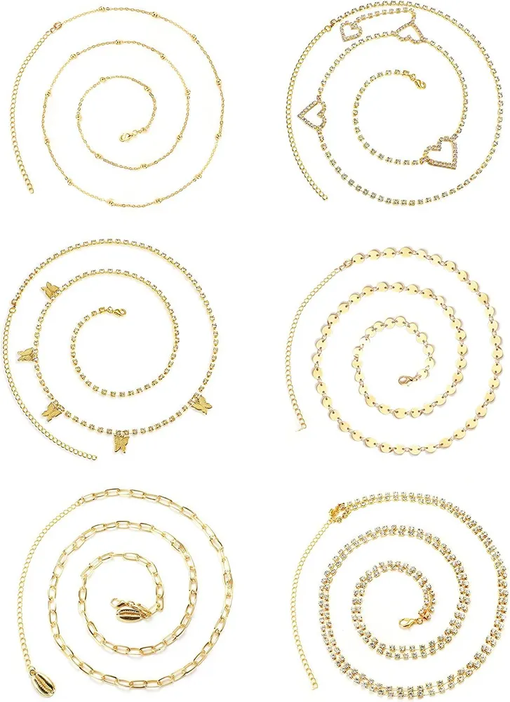 6pcs Sexy Waist Kette für Frauen Schmetterling Rhinestone Perlen Bauchkette einstellbare Körperkette für Sommer Strand Bikini