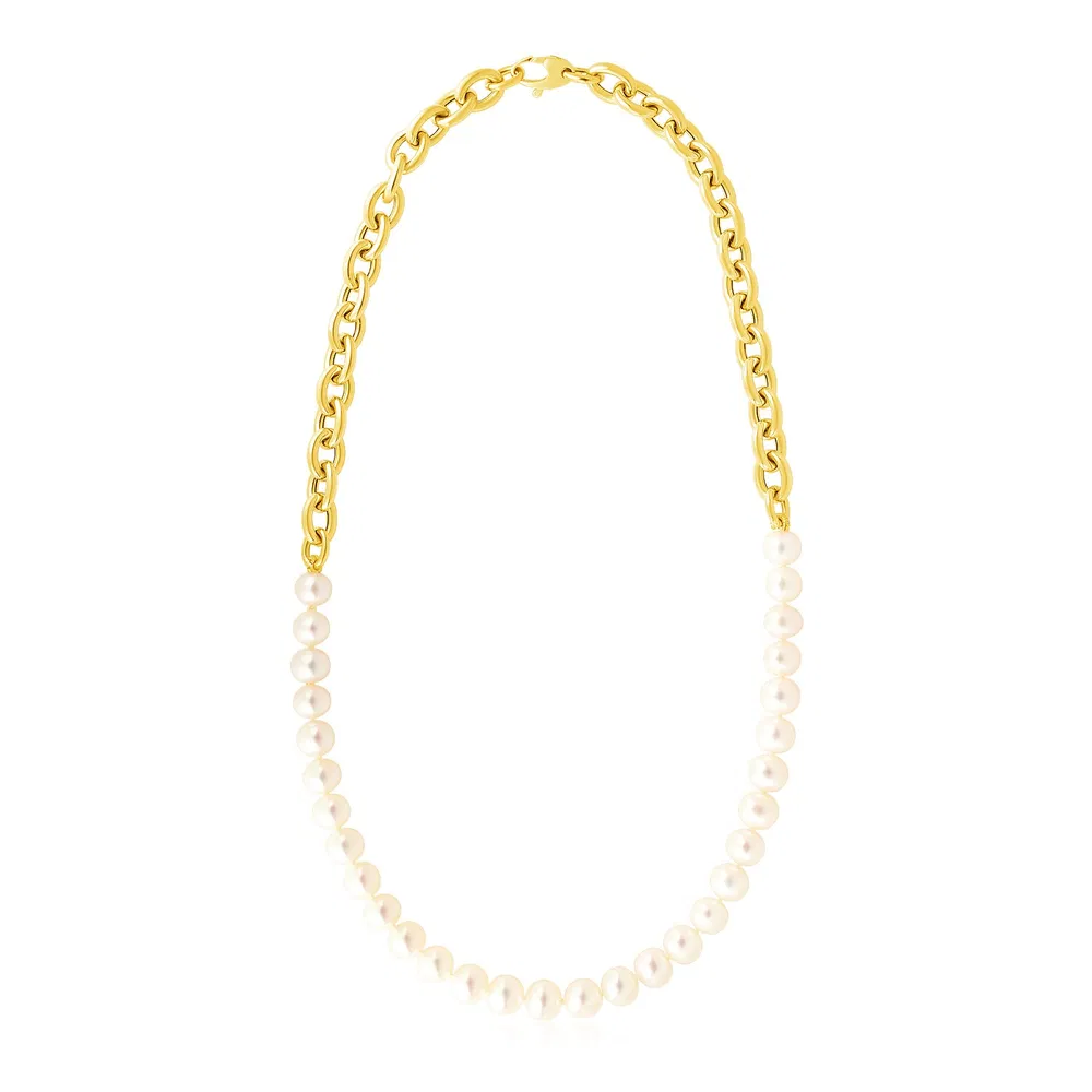 14 Karat gelbes Gold ovale Kette mit Perlen