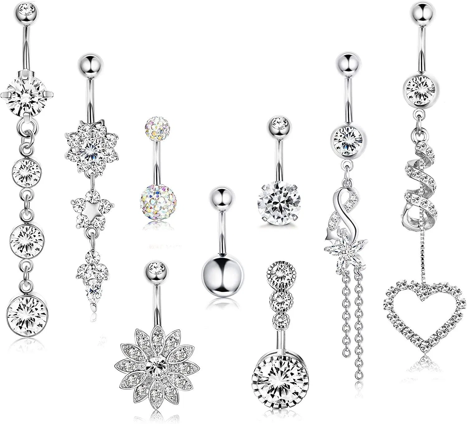 9 Pcs Bauchnabel Ringe Dangle für Frauen Nabel Ringe Kurven Barbell CZ Eingelegte Dangle Bauchnabel Ringe Chirurgische Körper Piercing Set