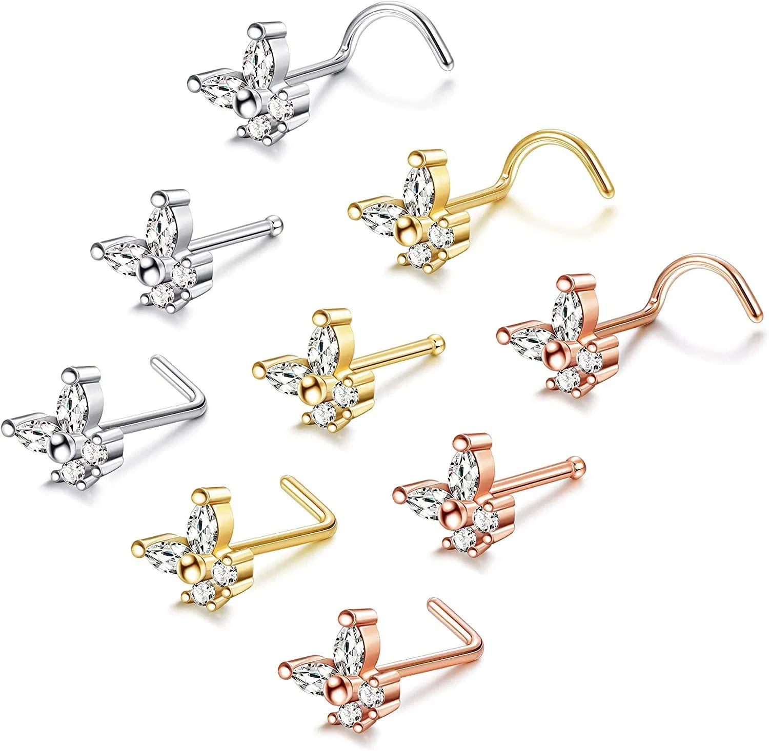 Nasenringe für Frauen 316L Chirurgische Edelstahl 20G Nasenstafel Big Bling CZ Schmetterling Schneeflocken Blume L-geformte Schraube Knochen Nasen Piercings Schmuck
