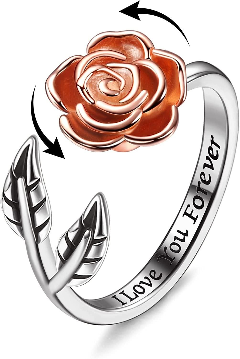 925 Sterling Silber Blumen Fidget Spinner Ringe für Frauen Mädchen Angst verstellbare Rose Open Ring Stress Linderung Stackable Ringe Anti-Angst Geschenk Größe 7
