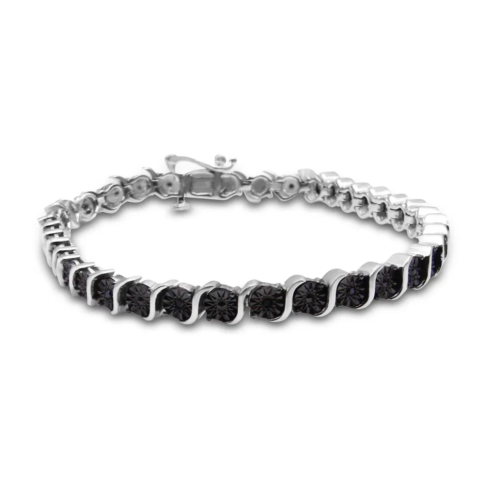 .925 Sterling Silber & Schwarz Rhodium 1 / 10 Cttw behandelt Schwarz Wunder-Set Diamant S-Link Tennis Armband (Schwarz Farbe, I1 - I2 Klarheit) - Größe 7