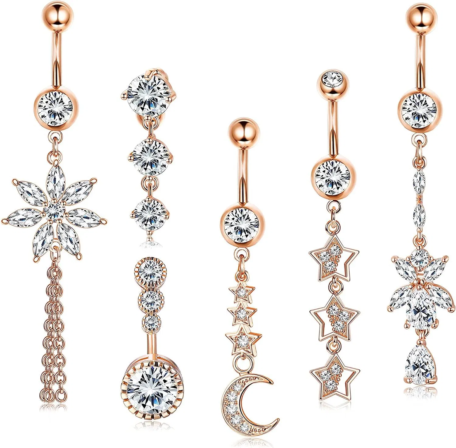 6 Stück 14G Bauchknopf Ringe Dangle für Frauen Chirurgische umgekehrte Kurven Barbell Nabel Ringe Kubik Zirkonia Blume Mond Stern Hanging Körper Piercing Schmuck