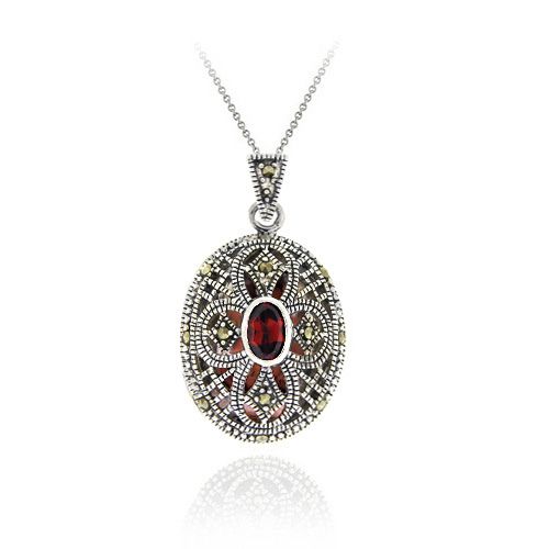 Sterling Silber Filigree Marcasite Echt Garnet Cross Locket