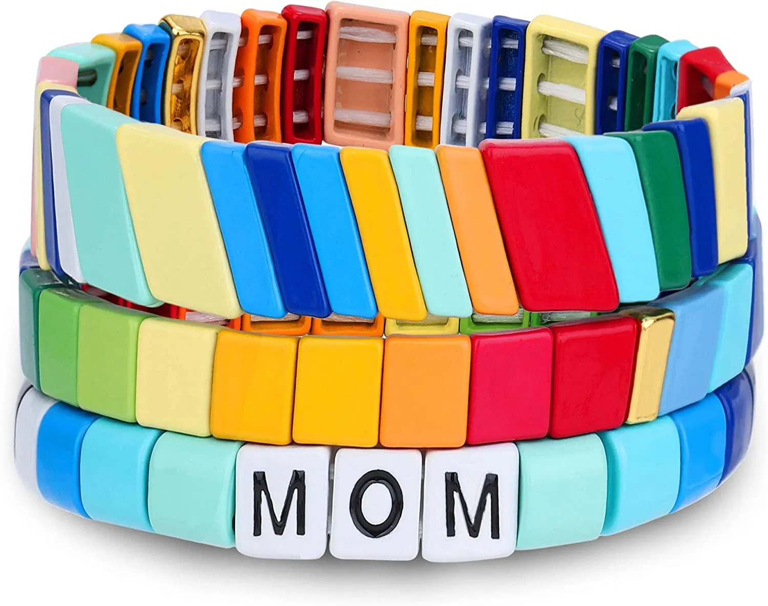 Emaillierte Fliesen Armbänder Set für Mom Frauen Regenbogen Stackable Stretch Mom Armbänder Böhmen Fliesen Strand Armband Perlen Armbänder Set