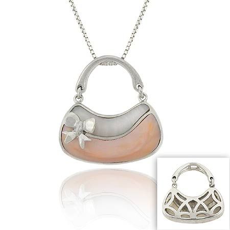 Sterling Silber .925 Echt Pink & Weiß Mutter der Perle MOP Stein Inlay Bogen Dangle Griff Filigree Hobo Handbag Tasche Handtasche Anhänger