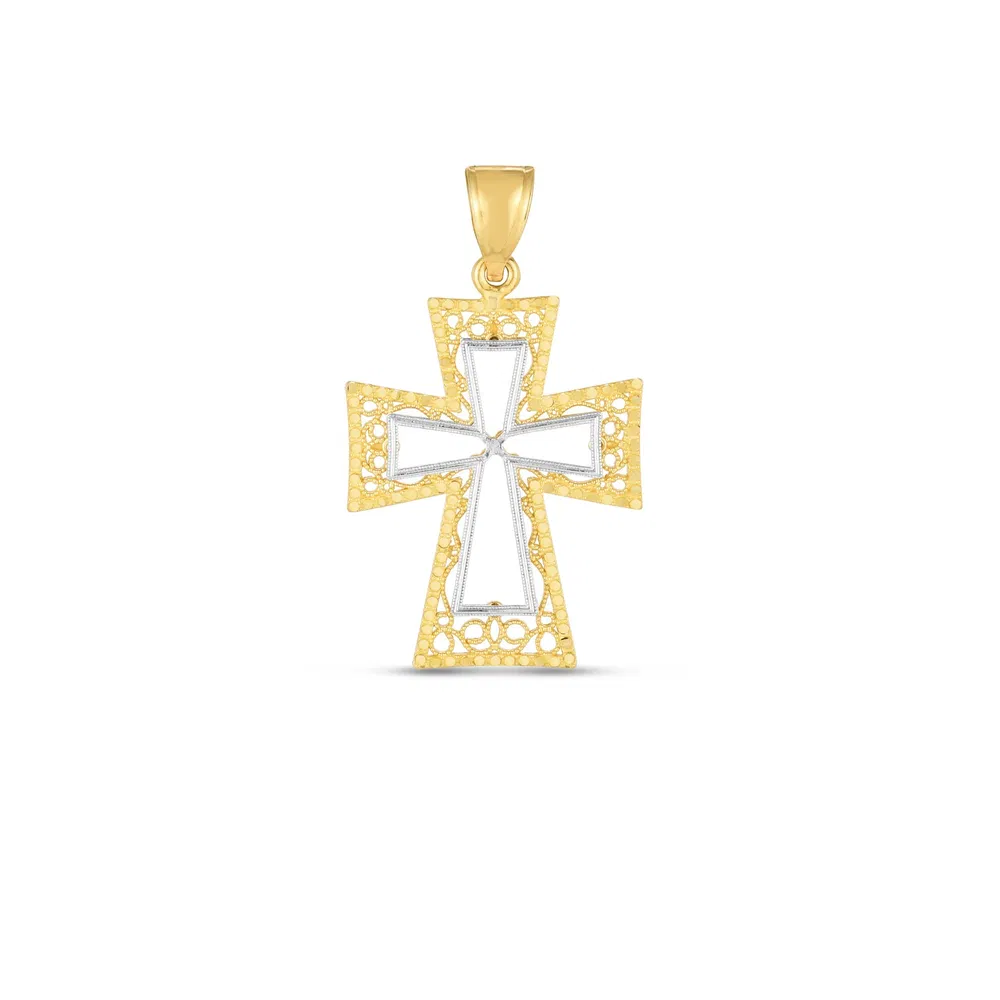 14 Karat Zwei-Ton - Gold High Polish Diamond Cut Cross Anhänger