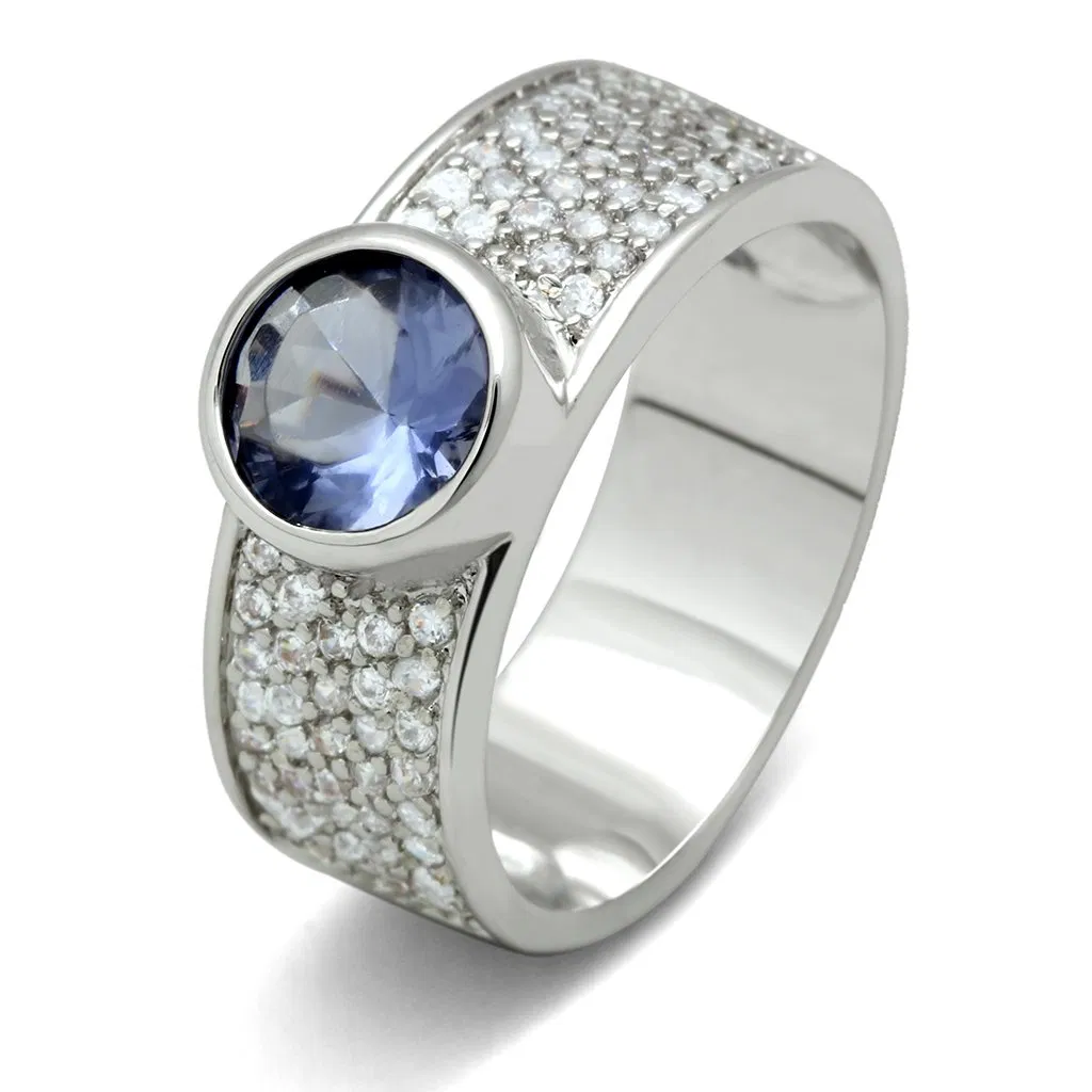 3W146 - Rhodium-Messing - Ring mit synthetischem Glas in leichtem Saphir