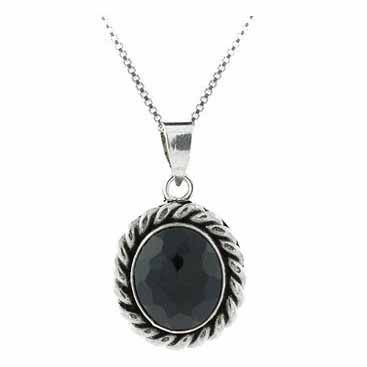 Sterling Silver Faceted Onyx Twisted Border Oval Pendant