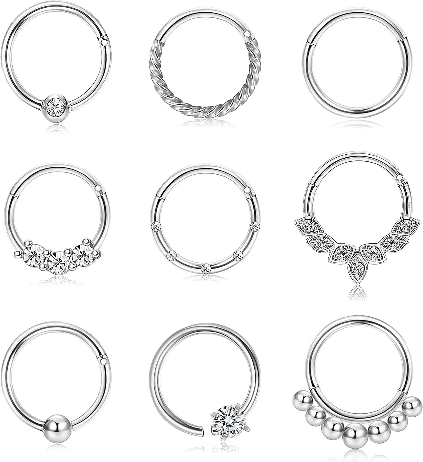 9Pcs 16G Septum Nasenringe Knorpel Ohrringe Schleife Edelstahl CZ Hinge Clicker Ringe Helix Daith Conch Tragus Nasen Piercing für Frauen Männer