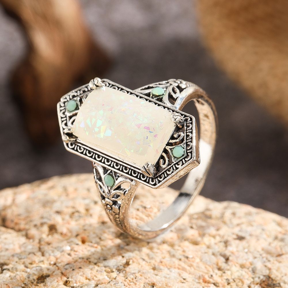 1pc Neuer Quadrat Weiß Opal Antike Silberring