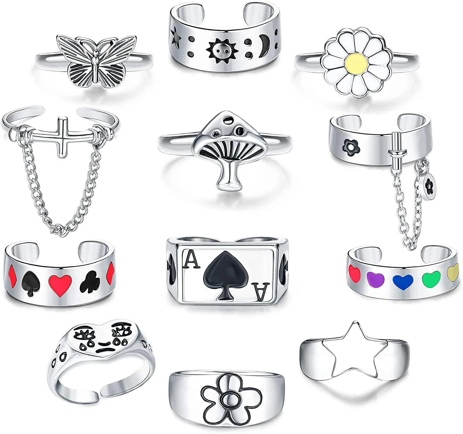 12 Pcs Goth Punk Ringe Set Frosch Pilz Kette Weinen Gesicht Poker Spikes Herz Sonne Stern Schmetterlingsringe Einstellbare Hippie Emo Ringe Pack Silber Y2K Ringe für Frauen Männer Egirls Größe 7
