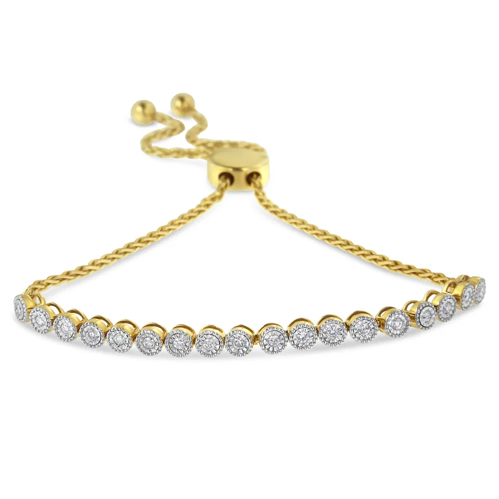 Bolo 10K Gelbgold über .925 Sterling Silber Miracle-Set Diamant Accented 6'- 9' Verstellbares Perlen-Tennis - Armband (H-I - Farbe, I2 - I3 Klarheit)