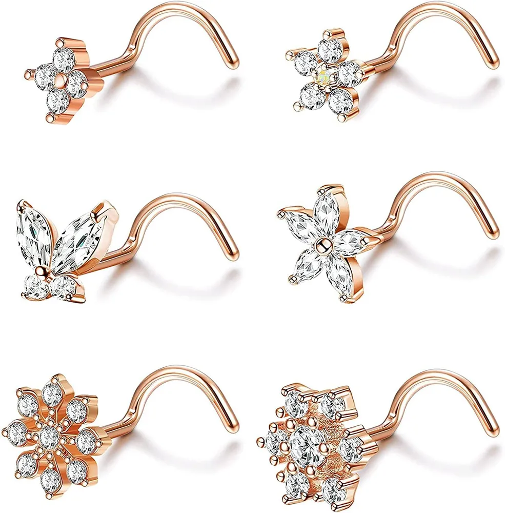 6PCS 20G Nasenring Stud L-Form Nasenringe Kubische Zirkonia Schmetterlingsnasen Schrauben Ringe Rostlosen Blume Nasen Piercing Ring