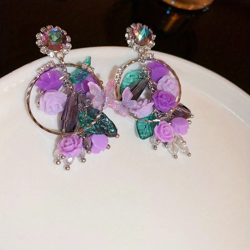 Purple exquisite Blumen-Design Dangle Ohrringe Eleganter Pastoral-Stil Legierung Schmuck Delicate Weibliches Geschenk
