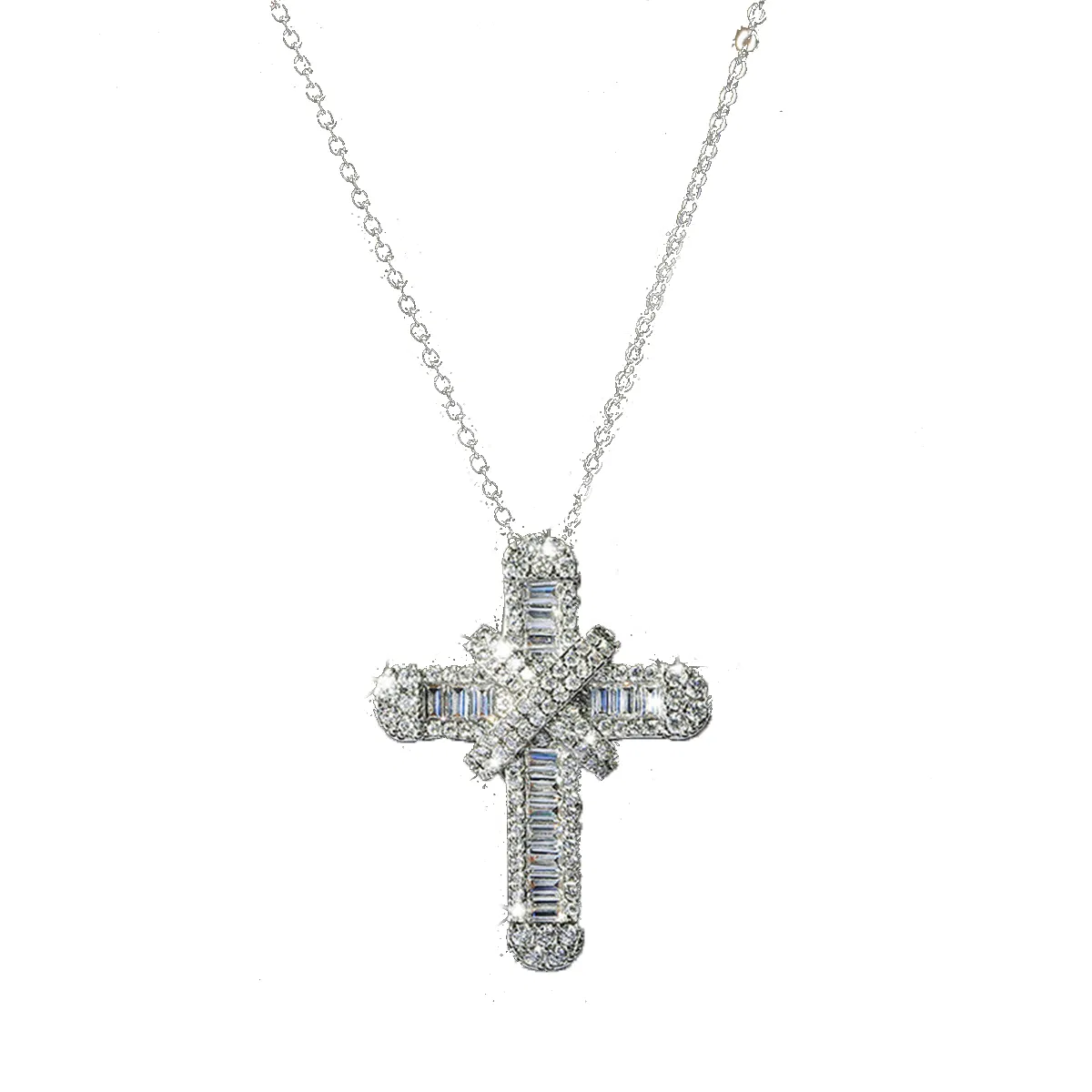Damen Kristallkreuz Halskette Sliver HIP-HOP Anhänger für Männer Religiöse christliche Schmuck Geschenke für Jubiläen Feiertage Weihnachten Geburtstage