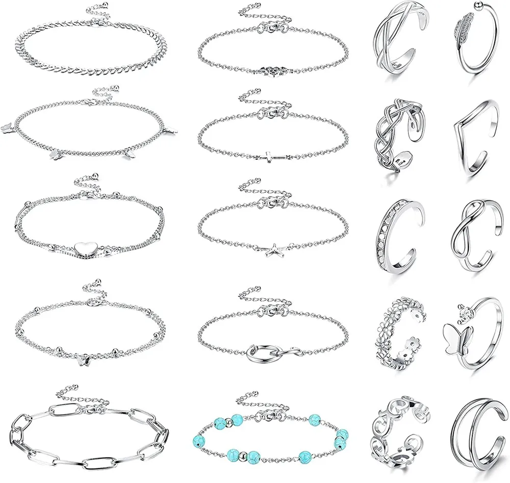 20pcs Ankleber und Zehenringe Set Gold Silber einstellbare Schicht Knöchel Armbänder offen Zehenringe für Frauen Strand Fuß Schmuck