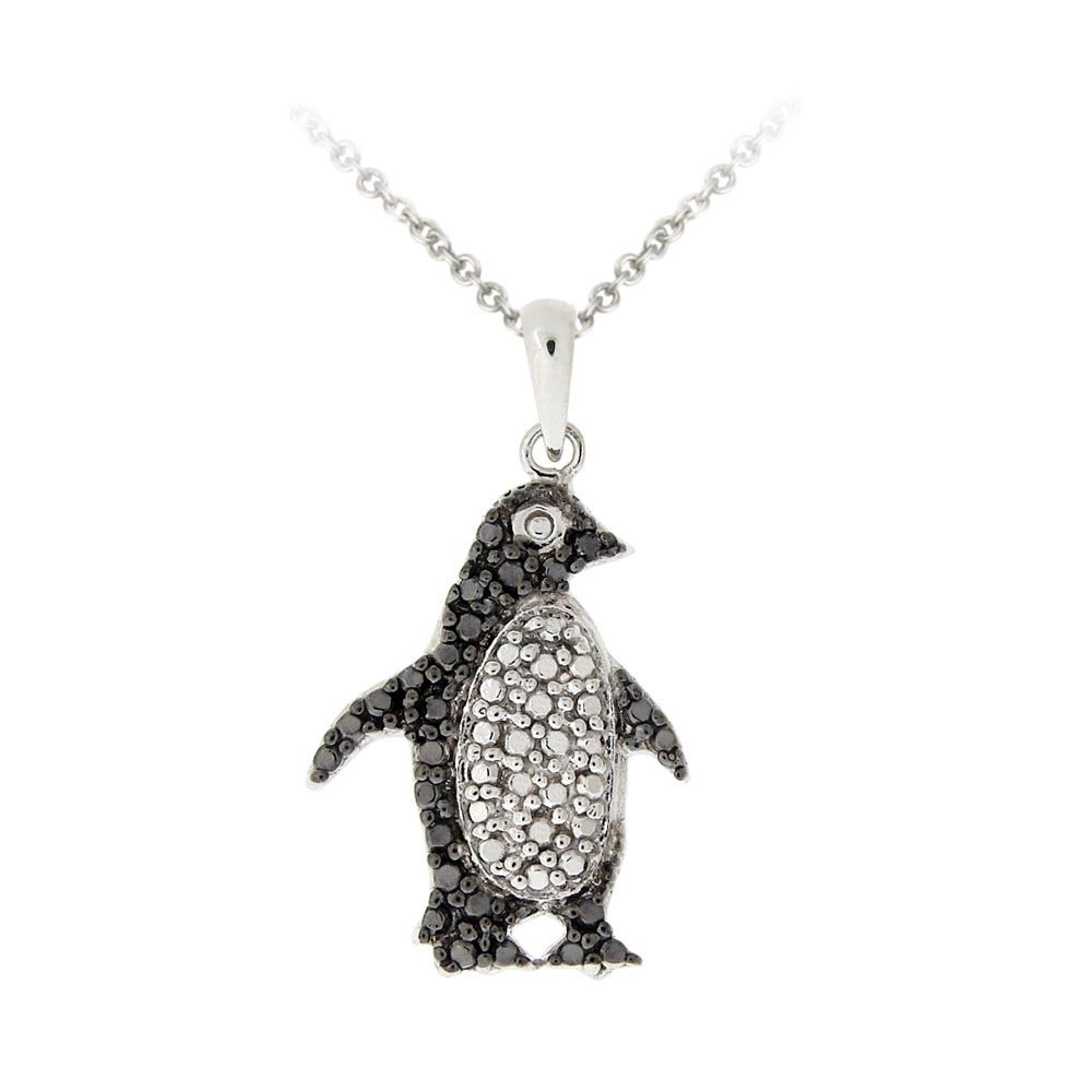 Silberton schwarzer Diamant Akzent Pinguin Halskette