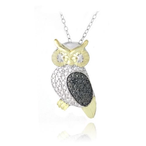Sterling Silber Schwarz Diamant Akzent Zwei-Tone Eule Halskette