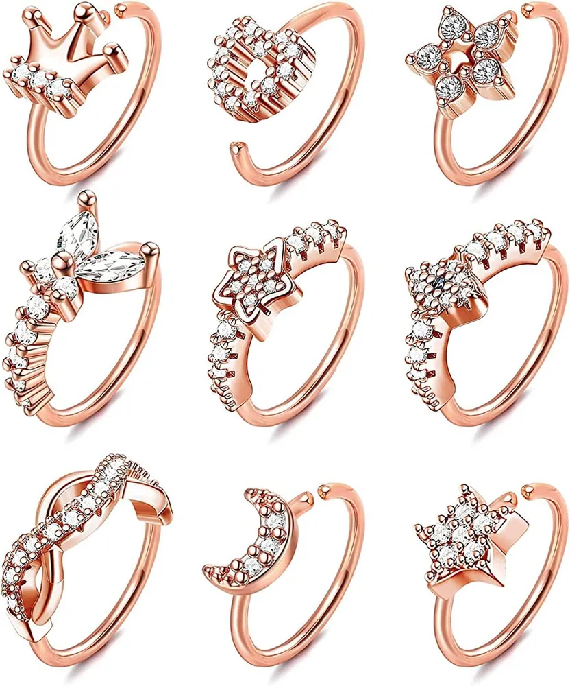 9pcs 20G Nasenringe Schleife für Frauen Männer gepflastert CZ Schmetterling Stern Mond Nasenring Knorpel Helix Ohrringe Schleife Nasen Piercing Gold Silber Plated