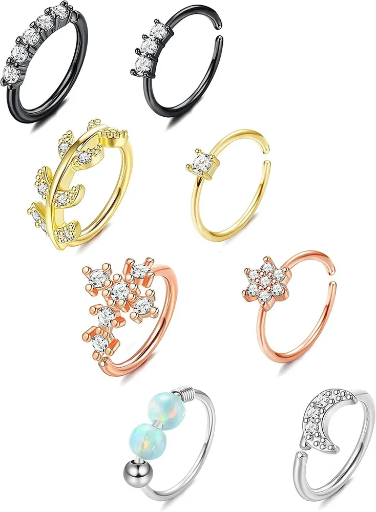 8pcs 20G Edelstahl Nasen-Hoop - Ring für Frauen Männer gepflastert CZ Kreuz Mond Blumen Crawler Knorpel Ohrringe Nasen Piercing Hoop Körper Piercing Schmuck