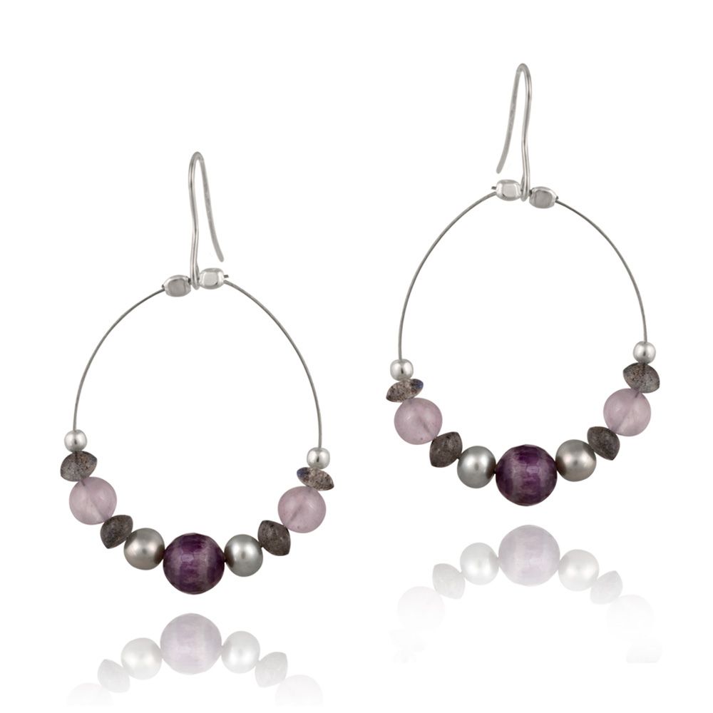 Sterling Silber Grau Perlen, Amethyst Chips & Steine Dangle Draht Ohrringe
