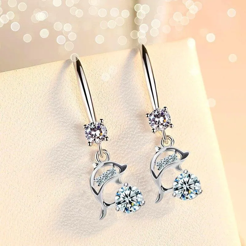 925 Silberplating süße weiße Delphin Drop Ohrringe für Frauen Tier Ohrringe Schmuck