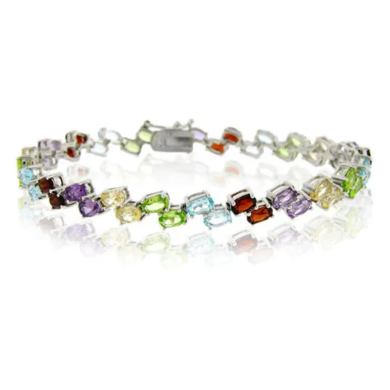 Sterling Silber Zwei Reihen Oval Multi-Edelstein - Armband