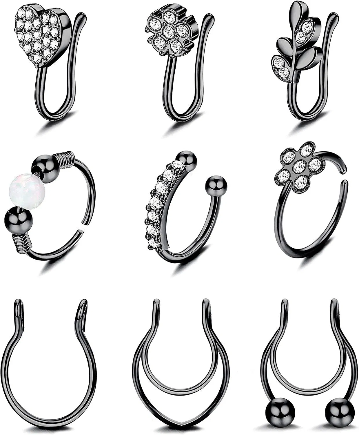 9pcs Falsche Nase Ringe Edelstahl Faux Nasen Ring Schleife Eingezogen CZ für Frauen Fuax Septum Ring Clip Auf Nasen Ring Fälschungen Septum Ringe Nicht Piercing 16 / 20G