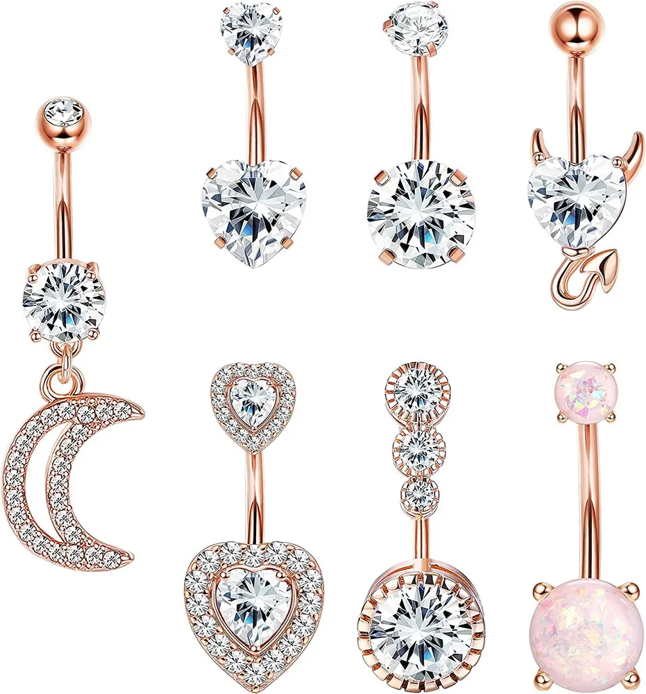 7PCS 14G Bauchknopfringe Bauchringe für Frauen Chirurgische Nabelringe Süße Opal Perle Diamant Reserve Bauchknopfringe Set Body Piercing Schmuck