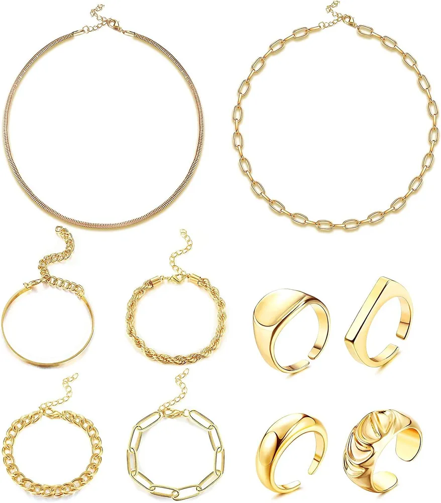 10 Stück Goldketten-Kette - Armband und Chunky-Ringe - Set für Frauen Männer Dainty Link Paperclip Choker Kubanische Perlen-Armbänder Armbänder verstellbare Ringe-Set