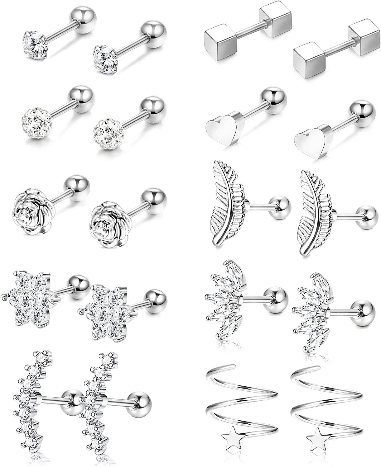 10 Paare 18G Edelstahl Ohrknorpel Ohrringe für Frauen Tragus Helix Barbell Herz Blumen Federn CZ Stud Ohr Piercing Schmuck