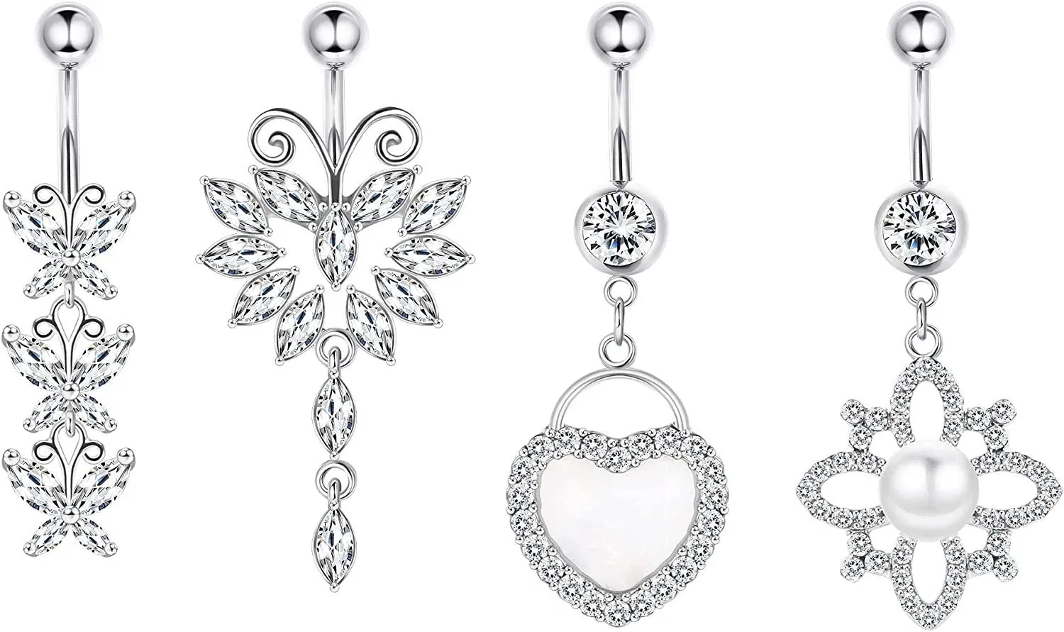4pcs 14G Bauchknopfringe Dangle chirurgische Edelstahl Bauch Nabelringe gekrümmte Barbell CZ Herz Schmetterling Blumen Bauch Körper Piercing für Frauen