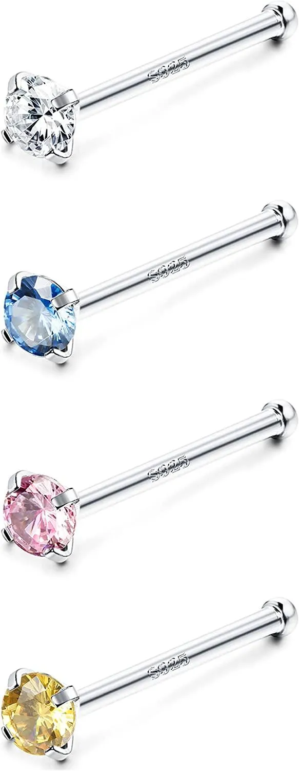 4pcs 925 Sterling 20G Nasenringe für Frauen Männer Multicolor 5A CZ Corkscrew Nose Studs L-förmige Nasenringe 1.5mm 2mm Nasen Piercing Schmuck