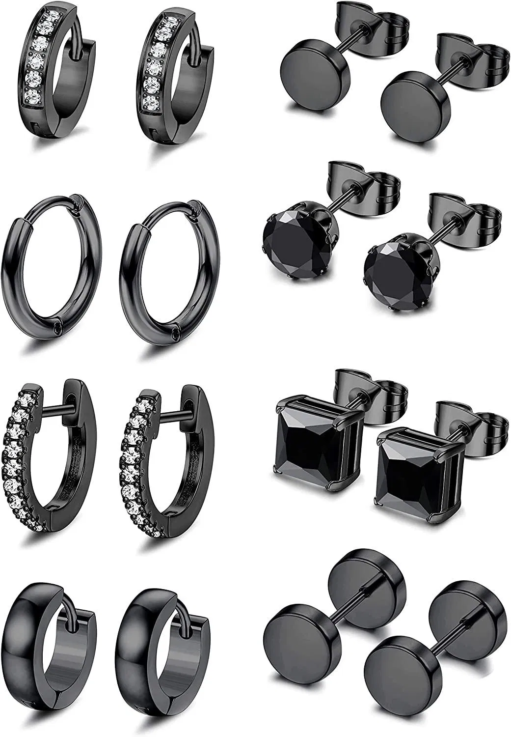 Black Stud Ohrringe Edelstahl Sliver Huggie Hoop Ohrringe Tunnel Ohrringe CZ Stud Ohrringe Sets für Männer 8 Paare