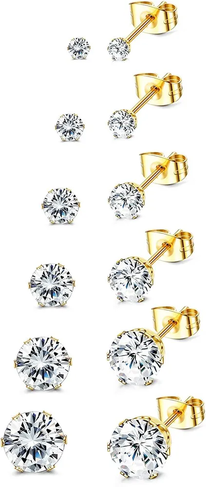 6 Pairs Cubic Zirkonia Stud Ohrringe für Männer Frauen hypoallergen Edelstahl Round CZ Stud Eearrings 3 - 8MM