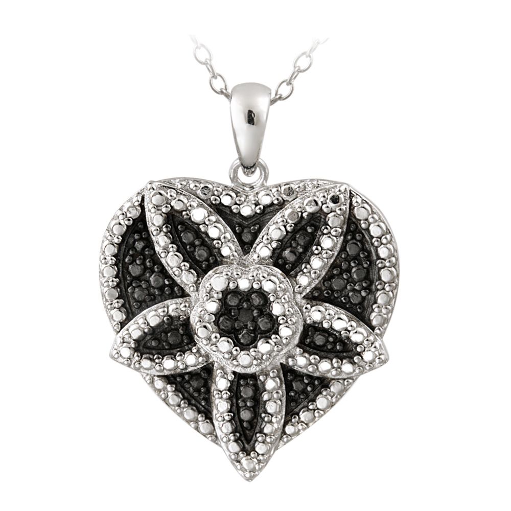 Silberton schwarzer Diamant Akzent Blumenherz Halskette