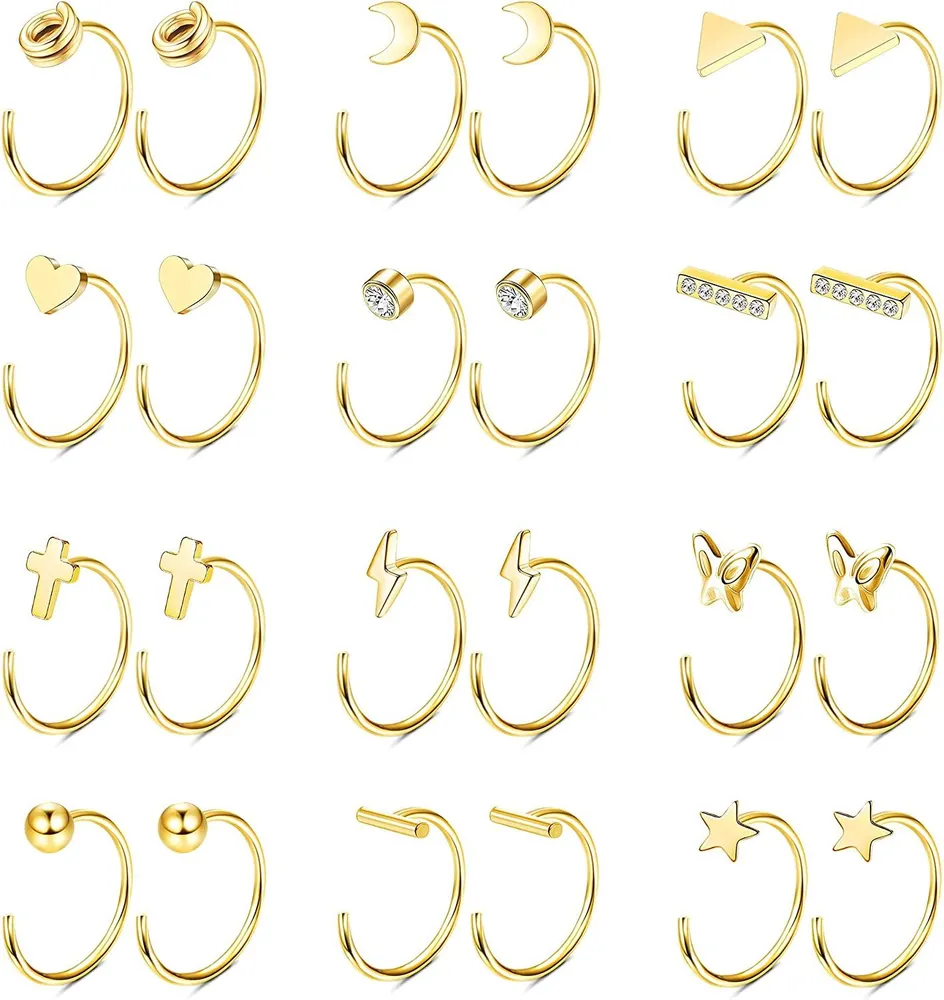 12 Paare Half Hoop Ohrringe Edelknorpel Piercing Ohrringe Star Moon Butterfly Heart Minimalist Mini Huggie Ohrringe Tiny Nose Ring Hoop für Frauen Männer