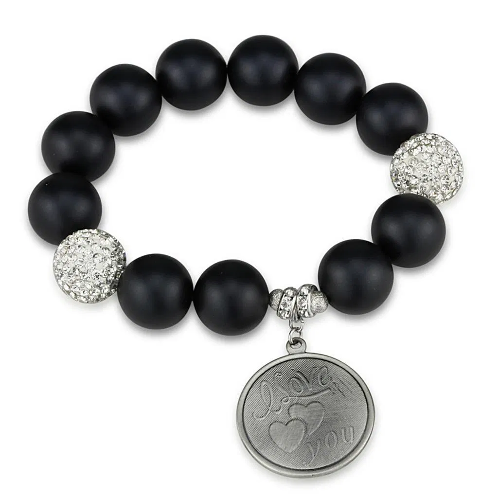 LO3783 - Antike Silber-weißes Metallarmband mit synthetischem Onyx in Jet