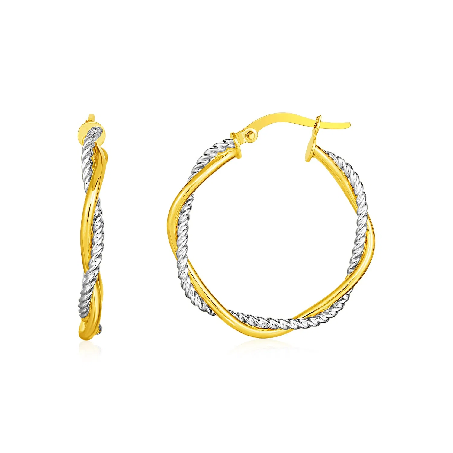 14 Karat Gelb und Weißgold Zwei Teile Textured Twisted Round Hoop Ohrringe (3x23mm)