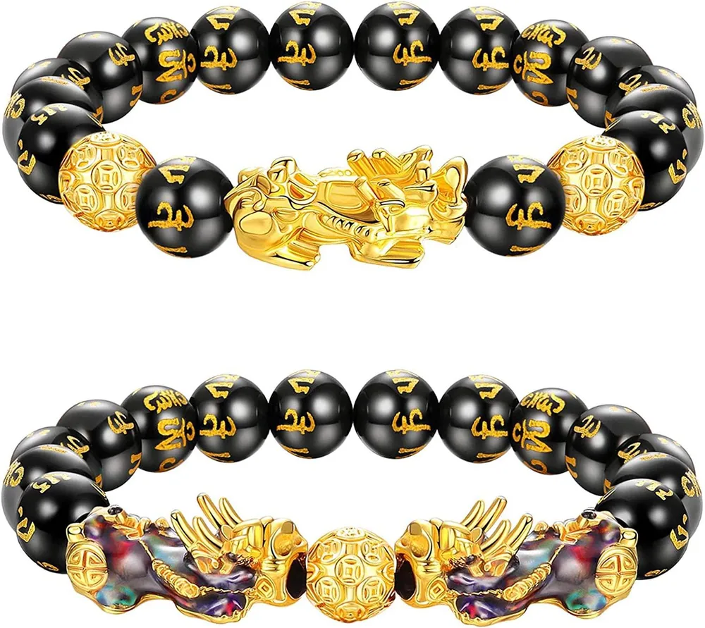 Feng Shui Obsidian Reichtum Armband für Männer und Frauen; Gutes Lucky Pi Xiu Armband mit handgeschnitzter Mantra; Perlen Armband verstellbar